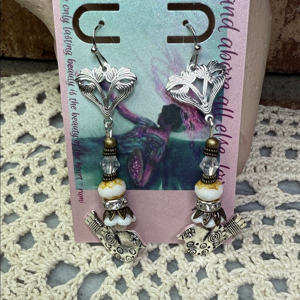 Silver Tone Bird Dangle Earrings - image 1